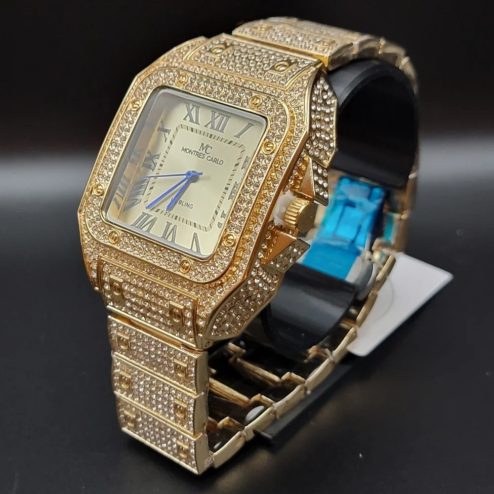 Men’s Gold Tone Iced Out Pavé MC Montres Carlo Bling Watch – Roman Numerals 45mm